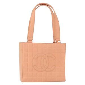 CHANEL Choco Bar Hand Bag Lamb Skin Beige CC